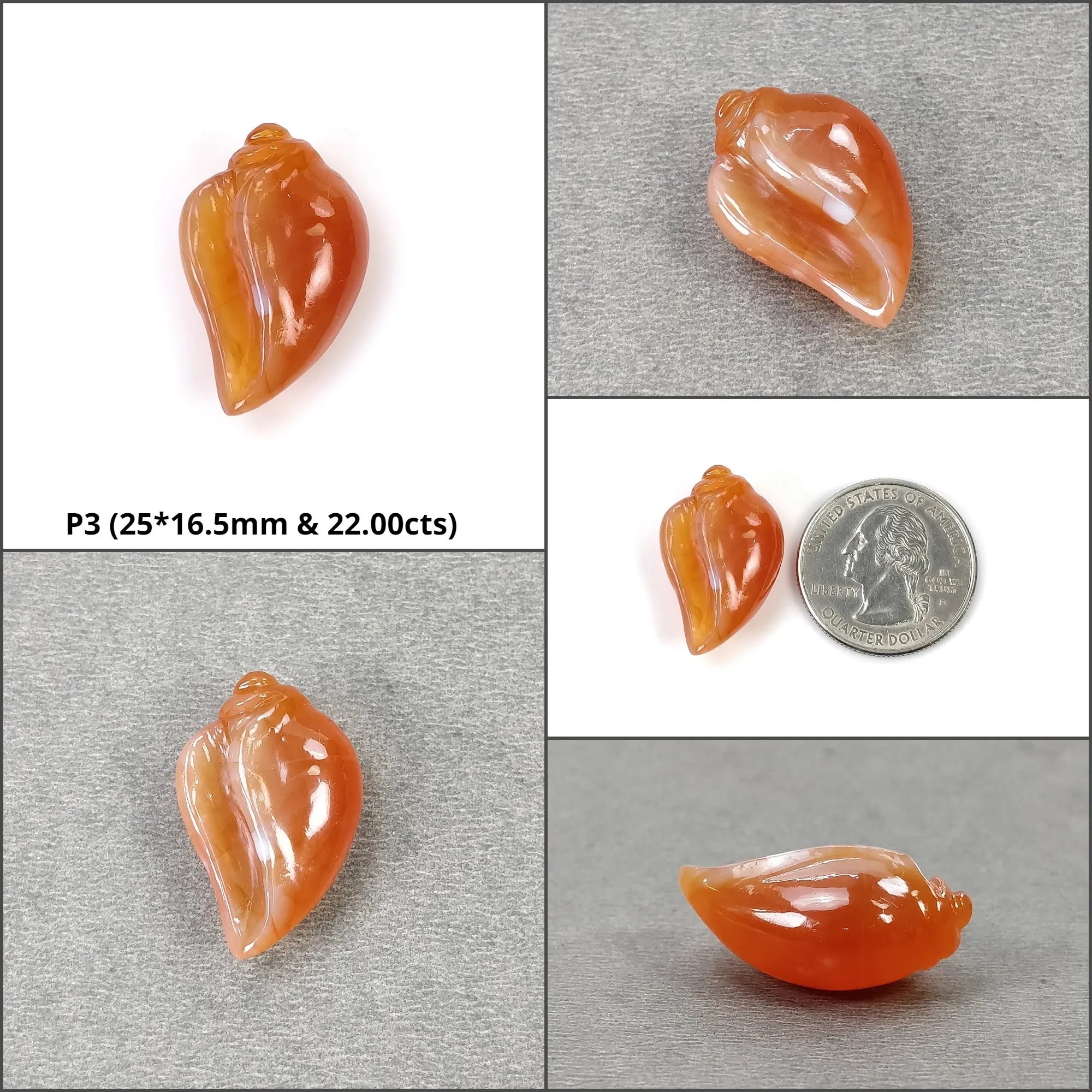 Agate Gemstone Carving : Natural Untreated Unheated Orange Agate Hand Carved SEA SHELL And Uneven Shape Carving