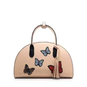 Butterfly Embroidered Tassel PU Leather Handbag - Apricot