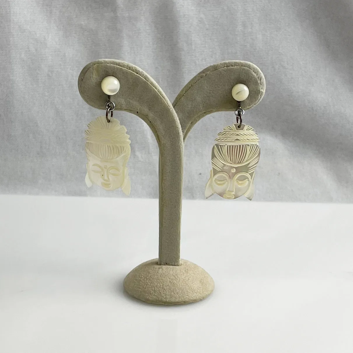 Carved Mother of Pearl Goddess Earrings Vintage