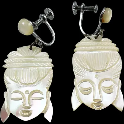 Carved Mother of Pearl Goddess Earrings Vintage