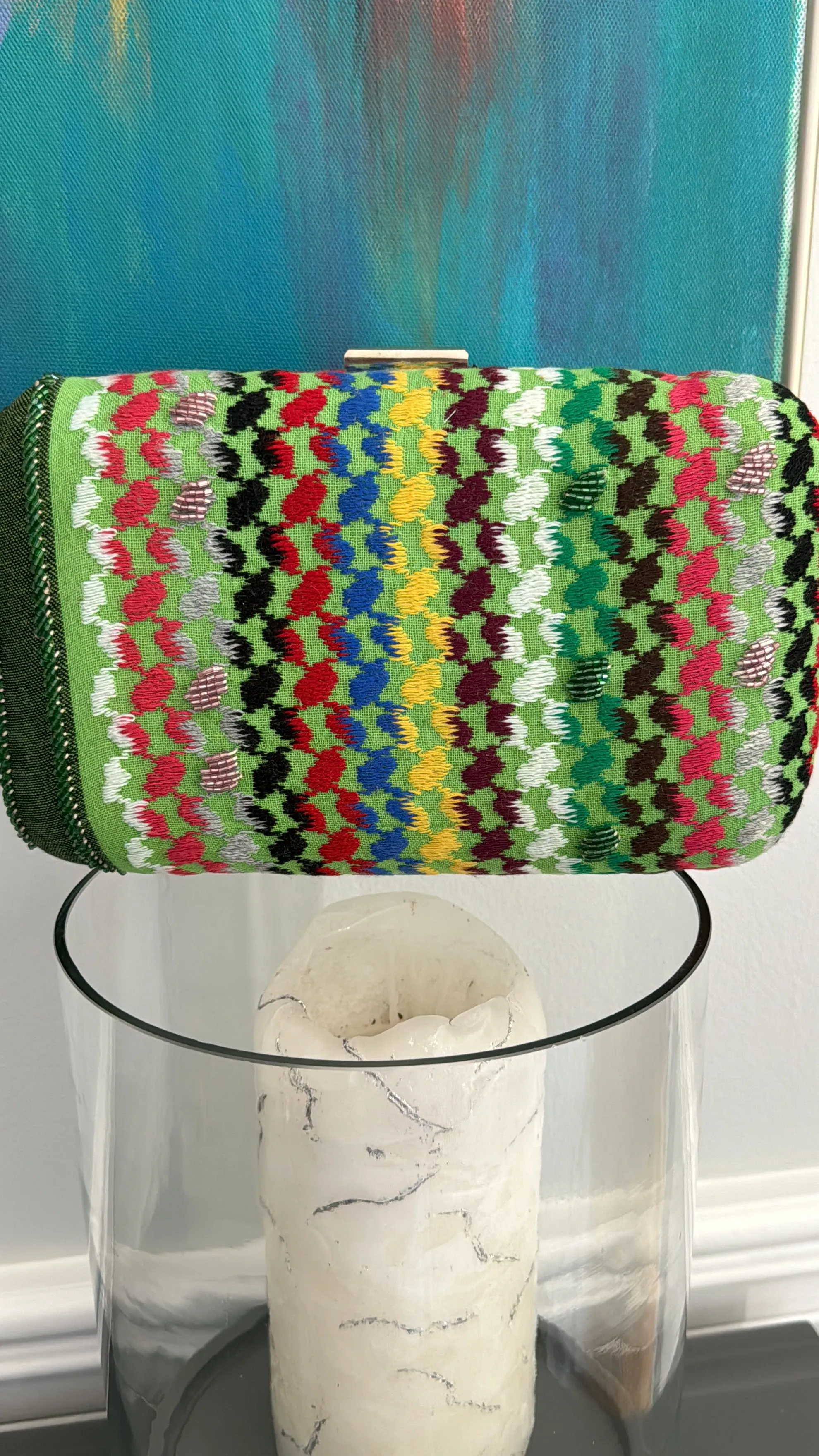 Green multi colors rectangle beaded keffiyeh Clutch, handbag
