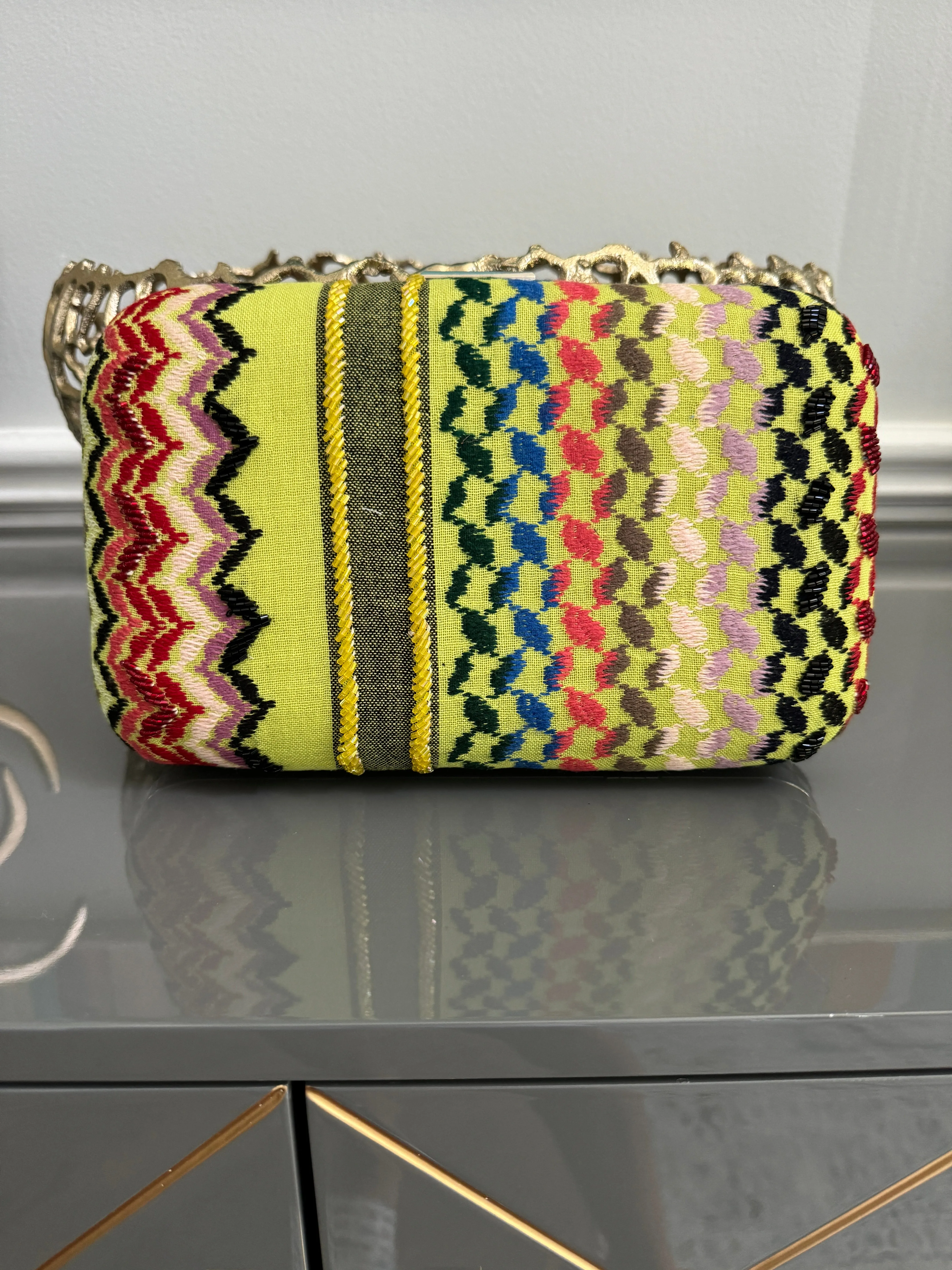 Yellow multi colors rectangle beaded keffiyeh Clutch, handbag